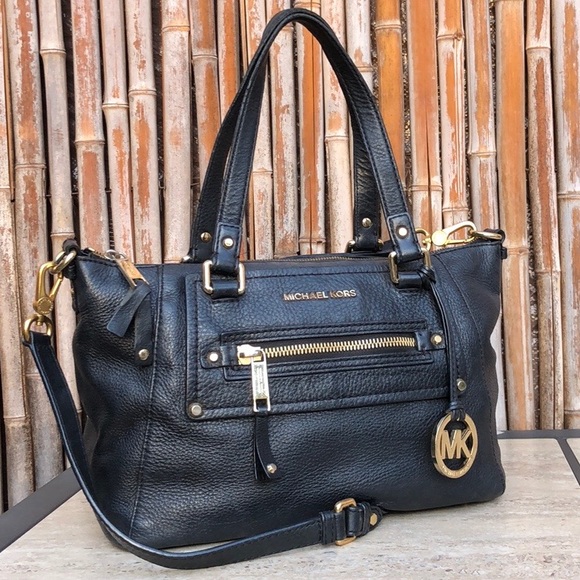 Michael Kors Handbags - MICHAEL KORS Black Pebbled Leather & Gold Satchel